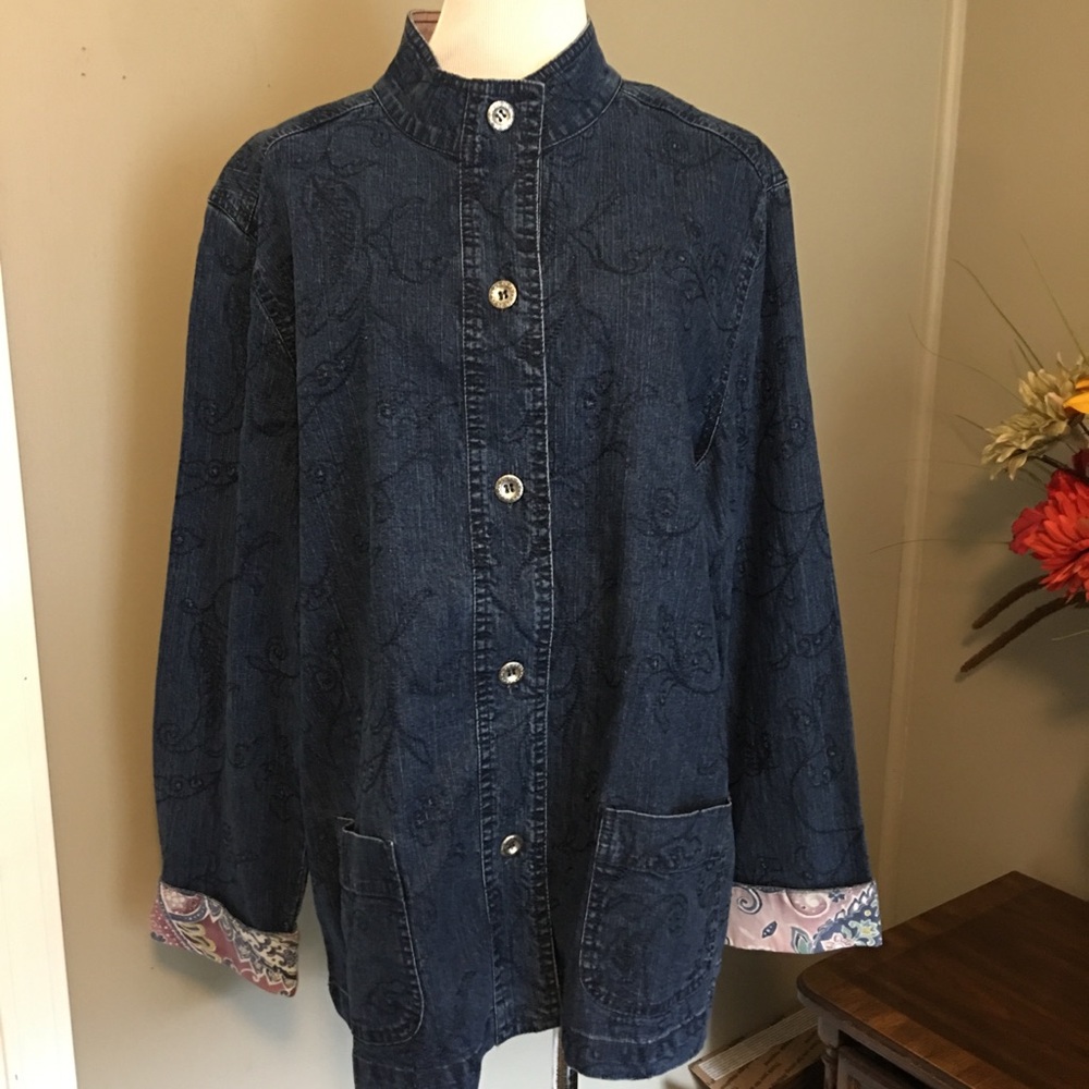 Alfred Dunner Blue Jean Jacket with Long Sleeves and Stand-Up Collar